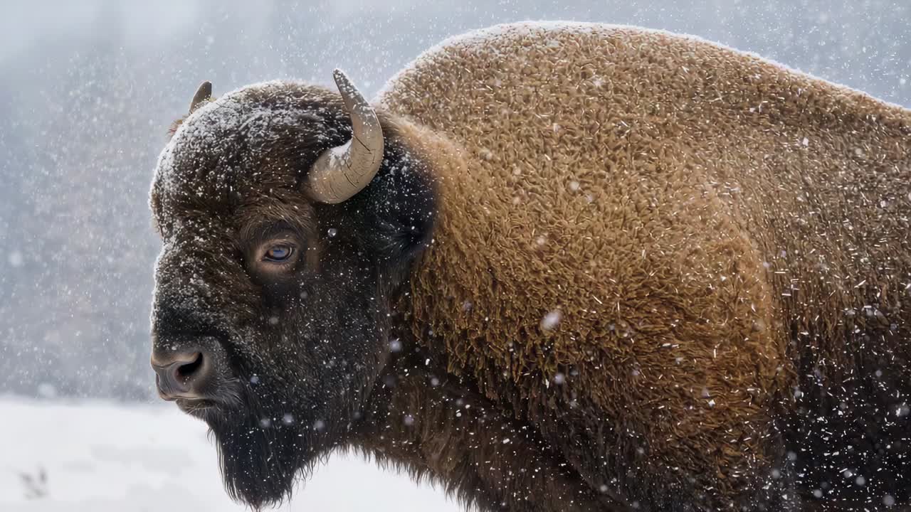 Shifting bison turning toward camera with light snow falling at forest edge, horns gaining snow