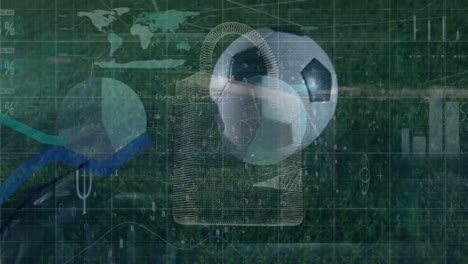animation of data processing and padlock icon over diverse football players