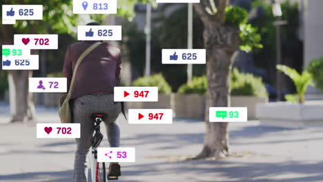 animación de iconos de redes sociales sobre la vista trasera de un hombre afroamericano montando una bicicleta en la calle