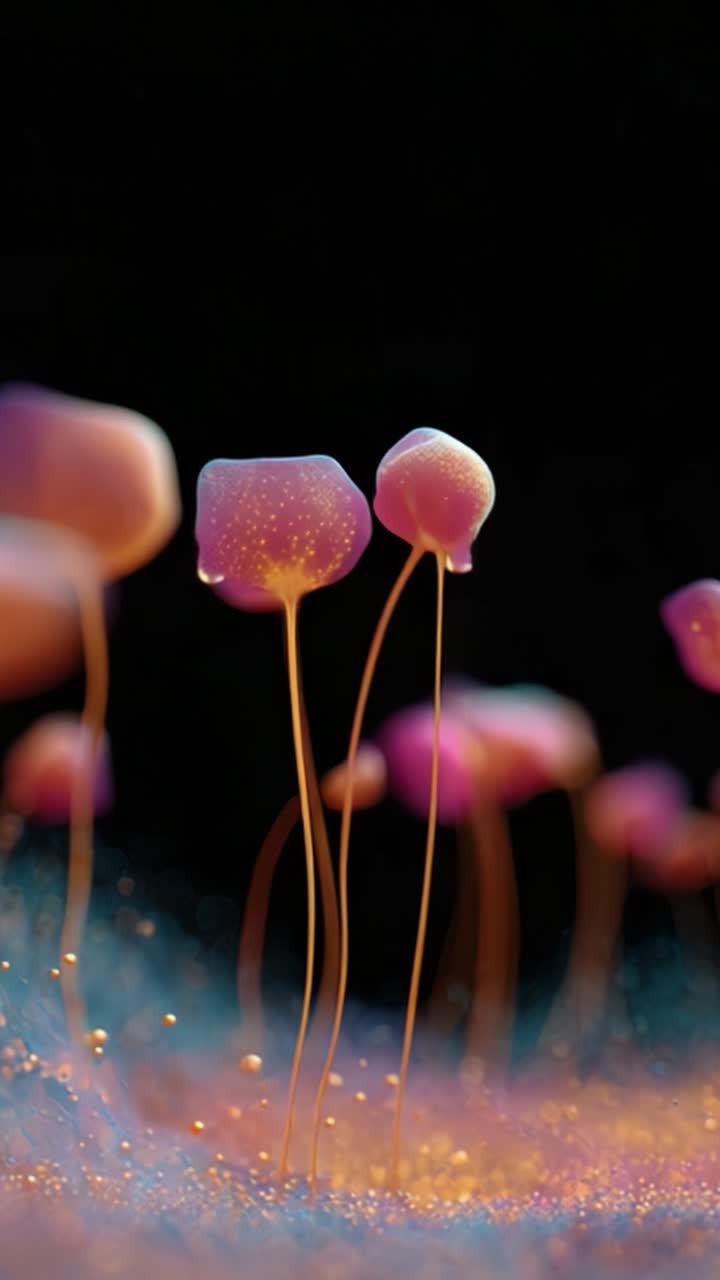 Affascinanti strutture di micelio: i funghi resilienti della natura mostrati con dettagli mozzafiato, illuminati da luce soffusa e colori vivaci, evocando un senso di meraviglia.