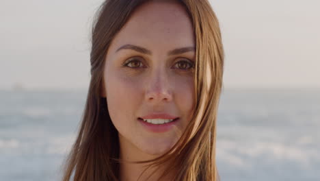 portrait beautiful young woman smiling at sunset on beach brazilian lady enjoying lifestyle