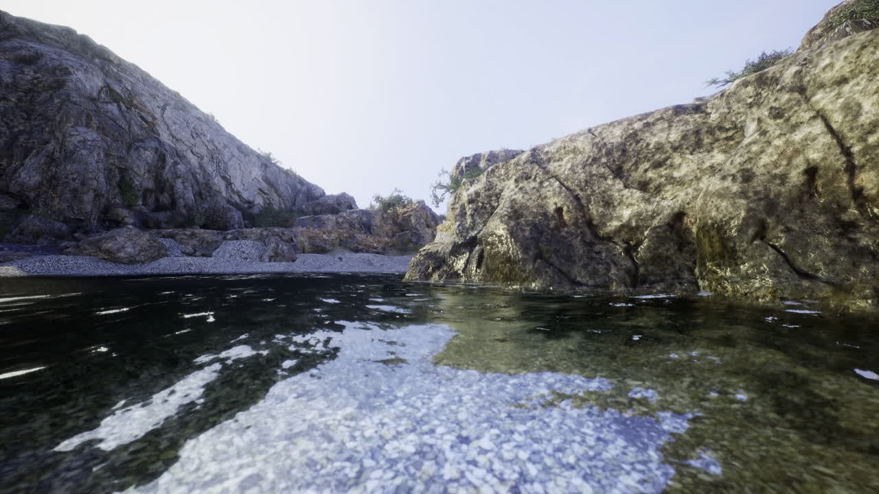 Scenic view of rocky shoreline and calm water under a clear sky in nature