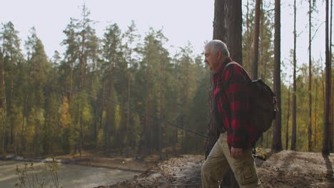 hombre con vara y mochila está caminando en el bosque en el día de otoño caminando solo el fin de semana o vacaciones en la naturaleza