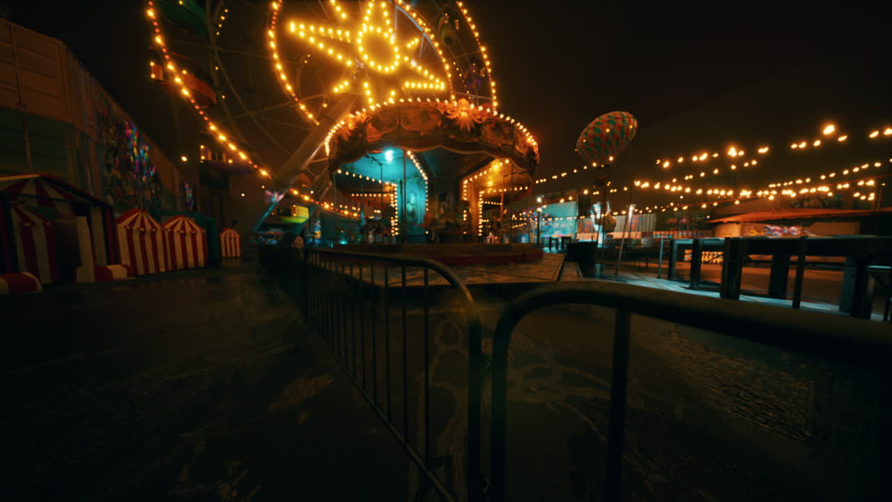 A quiet evening at an empty amusement park with bright lights and rides