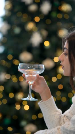 young woman holding empty cocktail glass near christmas tree