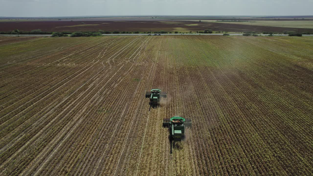 AEREA - Mietitrebbia che coltiva la terra, campo agricolo, Messico, ripresa frontale