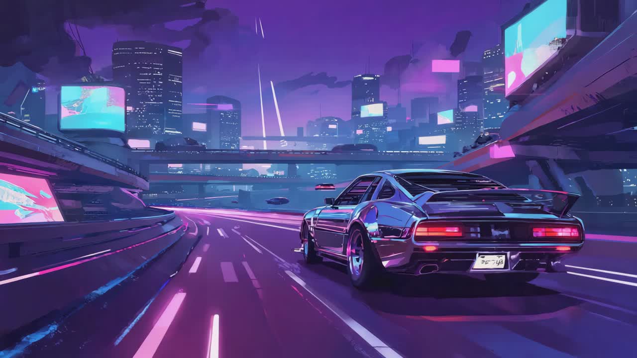 Synthwave Car Driving in a Futuristic City