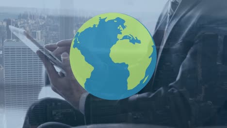 animation of globe over hands of caucasian businessman using tablet