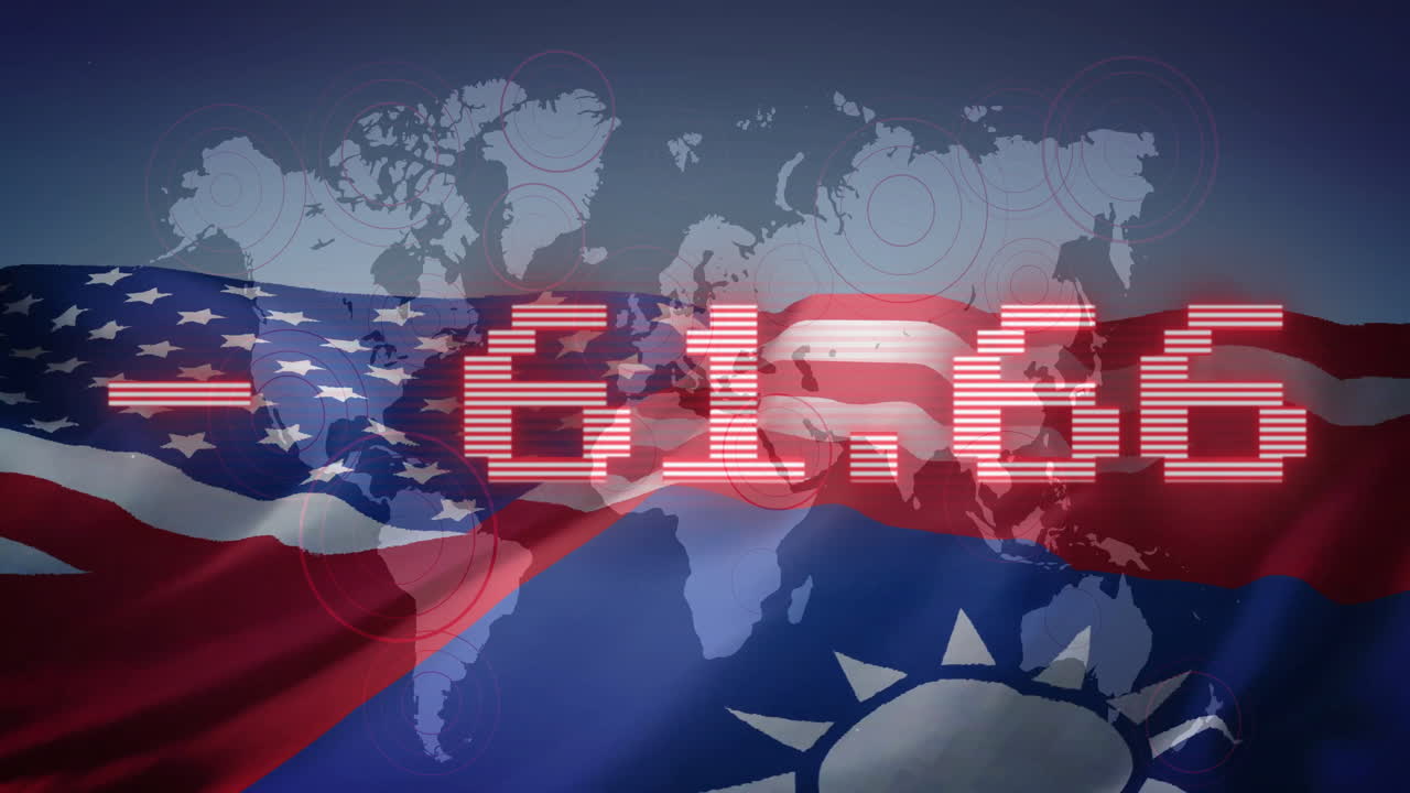 세계 지도 배경으로 미국과 타이완의 발 위에 디지털 숫자 애니메이션