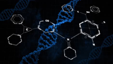 animation of chemical formula over dna strands on black background