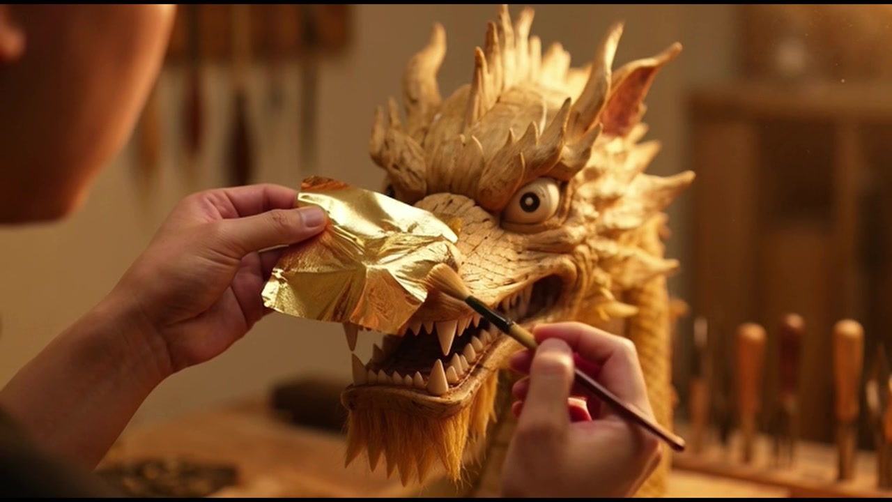 Artigiano che applica foglia d'oro su scultura di drago in legno fatta a mano