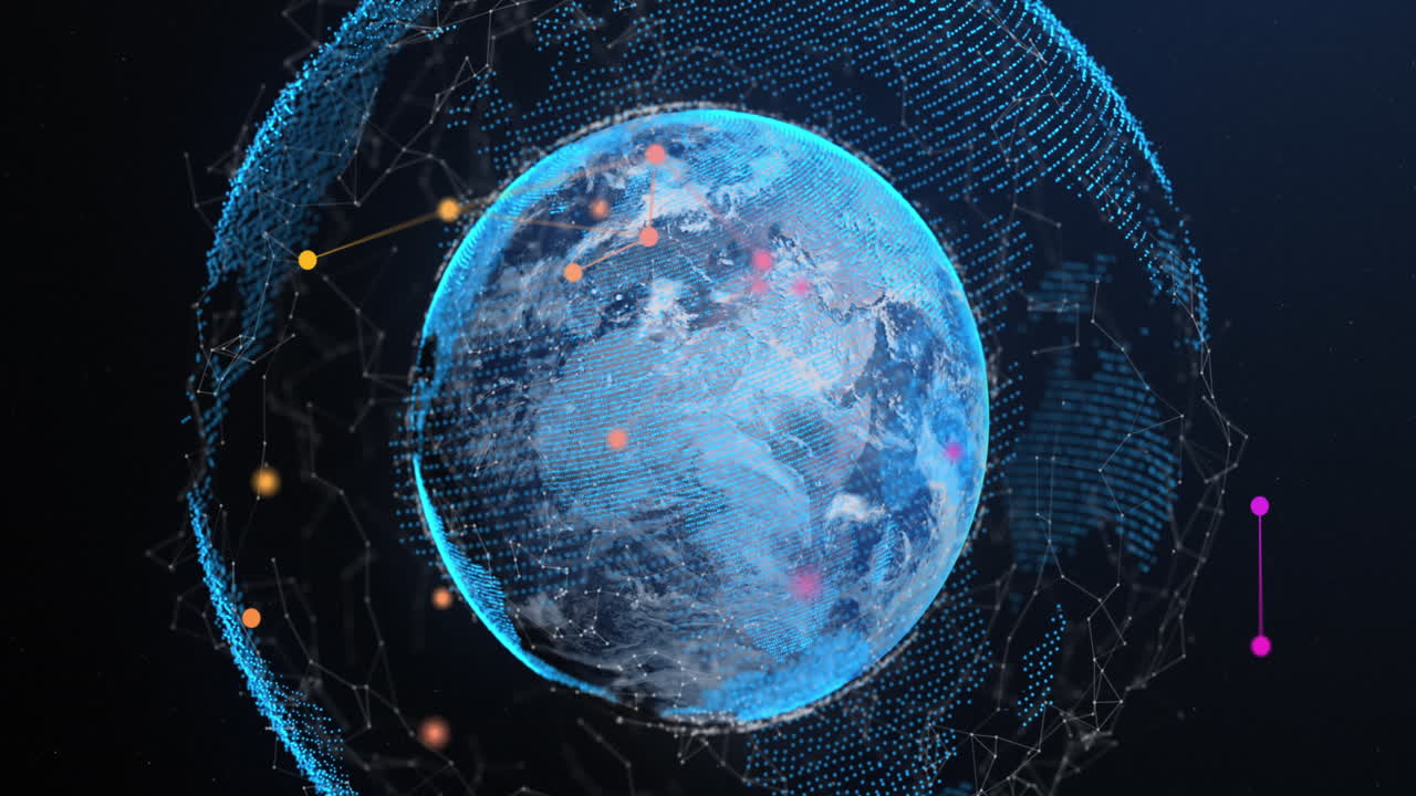 파란색 배경에 대한 전 세계 연결 네트워크의 애니메이션