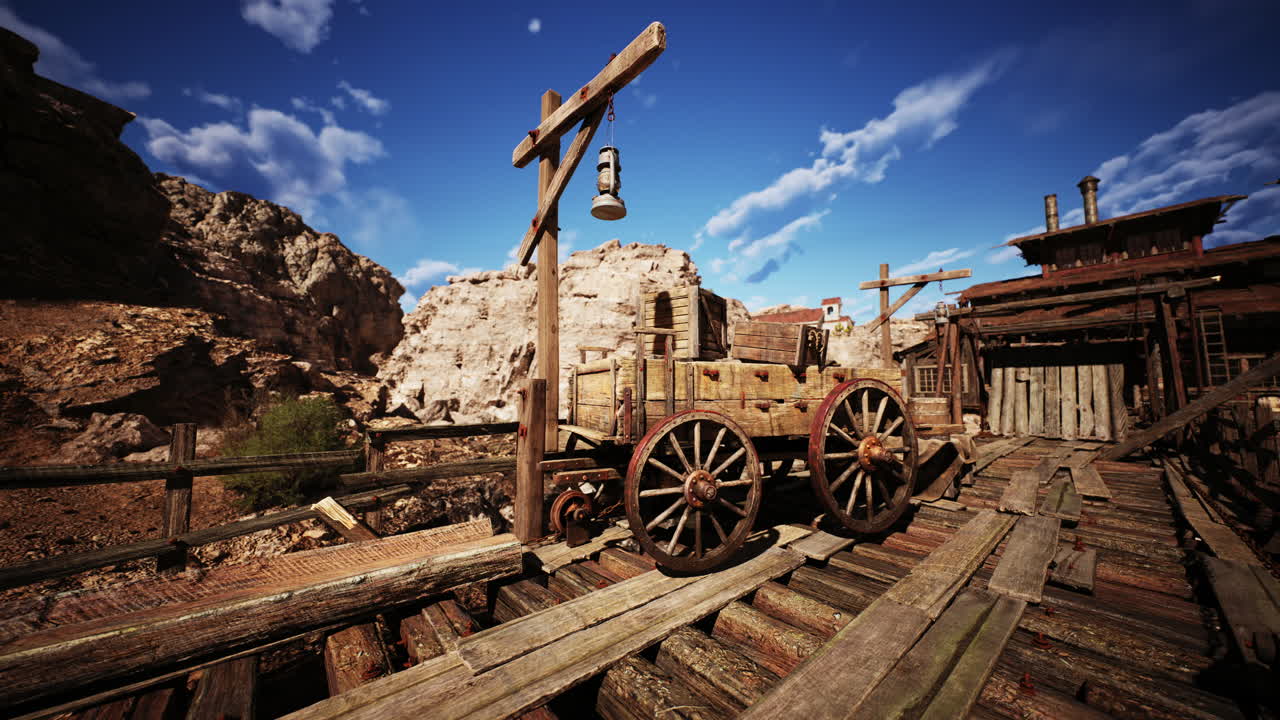 Wooden wagon on a weathered structure under a blue sky