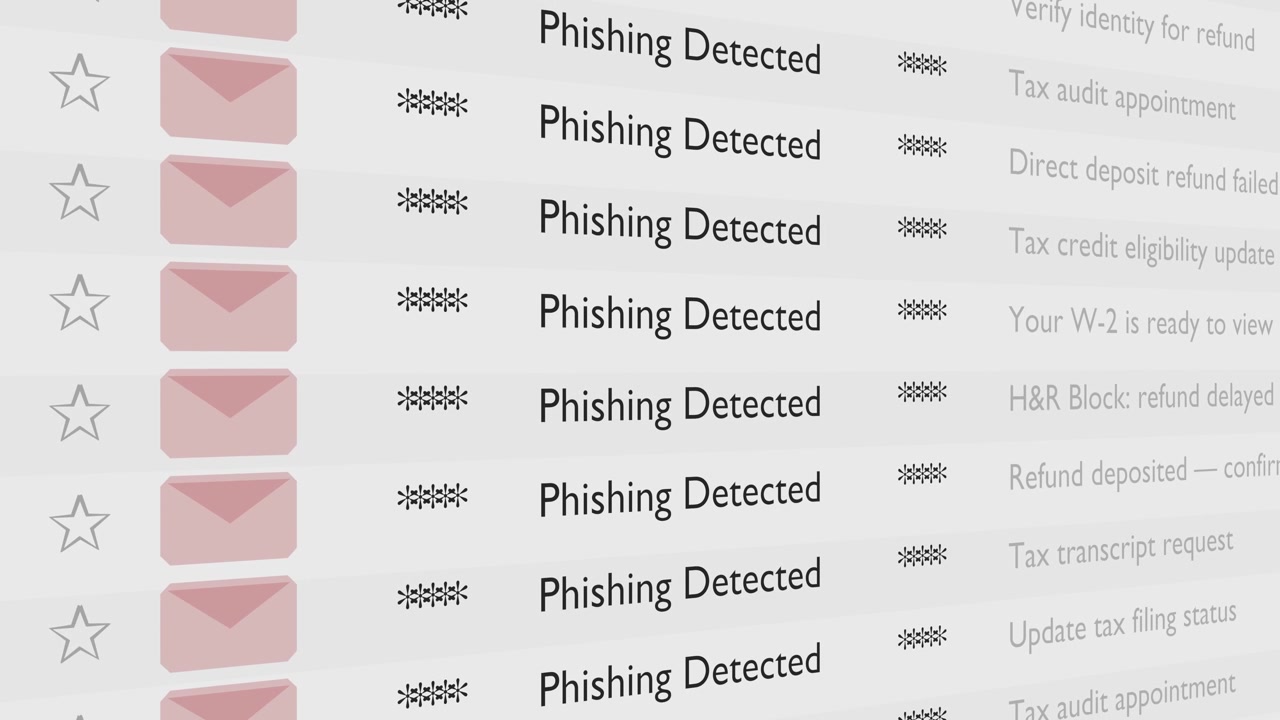 Animated sequence of an email inbox with multiple 'Phishing Detected' alerts highlighted. Clean digital interface, no people, high-key lighting, ideal for cybersecurity or tech themes.