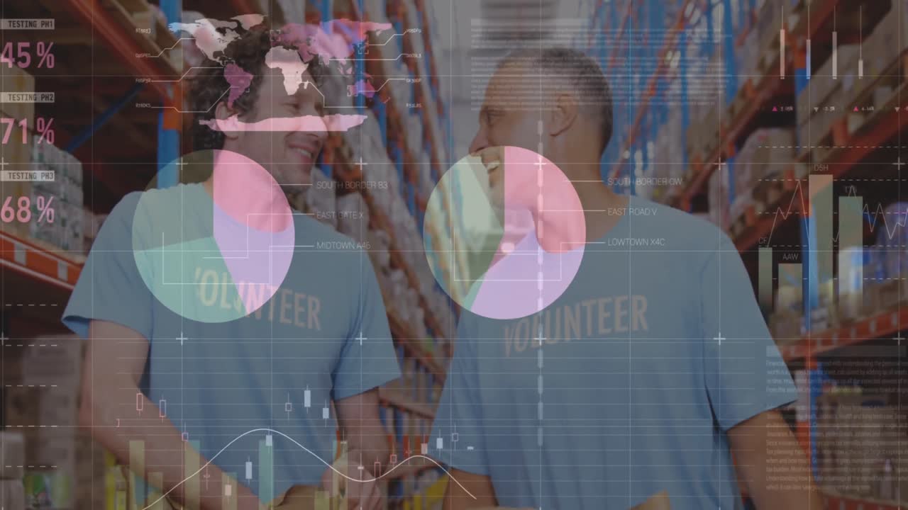 창고에서 다양한 자원 봉사자에 대한 데이터 처리의 애니메이션