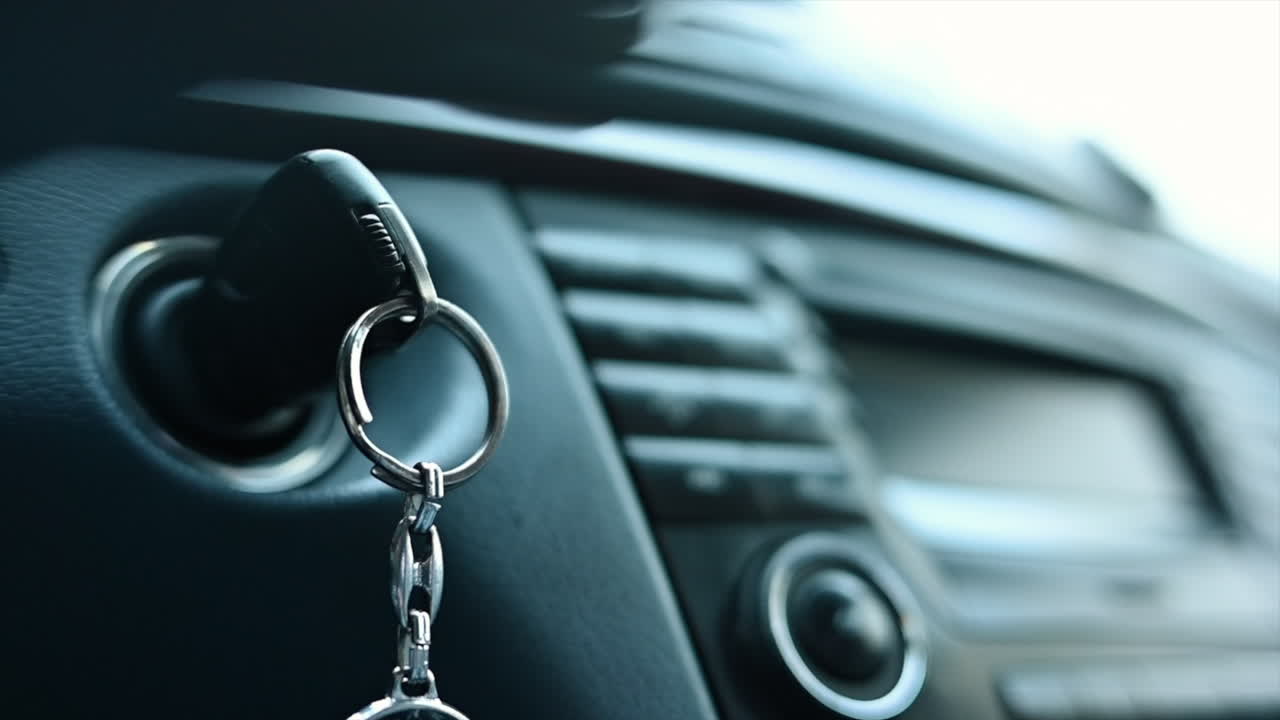 Close up of car keys in ignition with music player display board