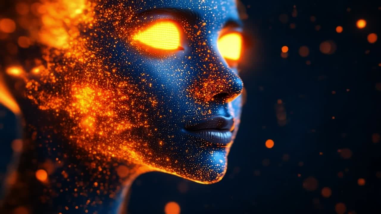 Futuristic digital art of a glowing face. A stunning digital image shows a woman face with glowing eyes against a dark background.