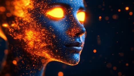 futuristic digital art of a glowing face. a stunning digital image shows a woman face with glowing eyes against a dark background.