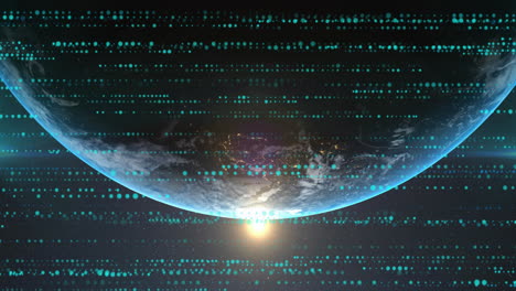 digital data stream animation over rotating earth with glowing sunrise