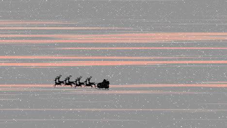 snow falling on santa claus in sleigh being pulled by reindeers and light trails on grey background
