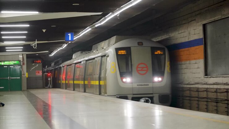 Yellow line delhi metro arriving at station