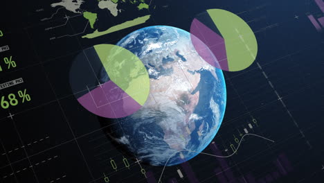 Animation-of-multicolored-infographic-interface-over-rotating-globe-against-space