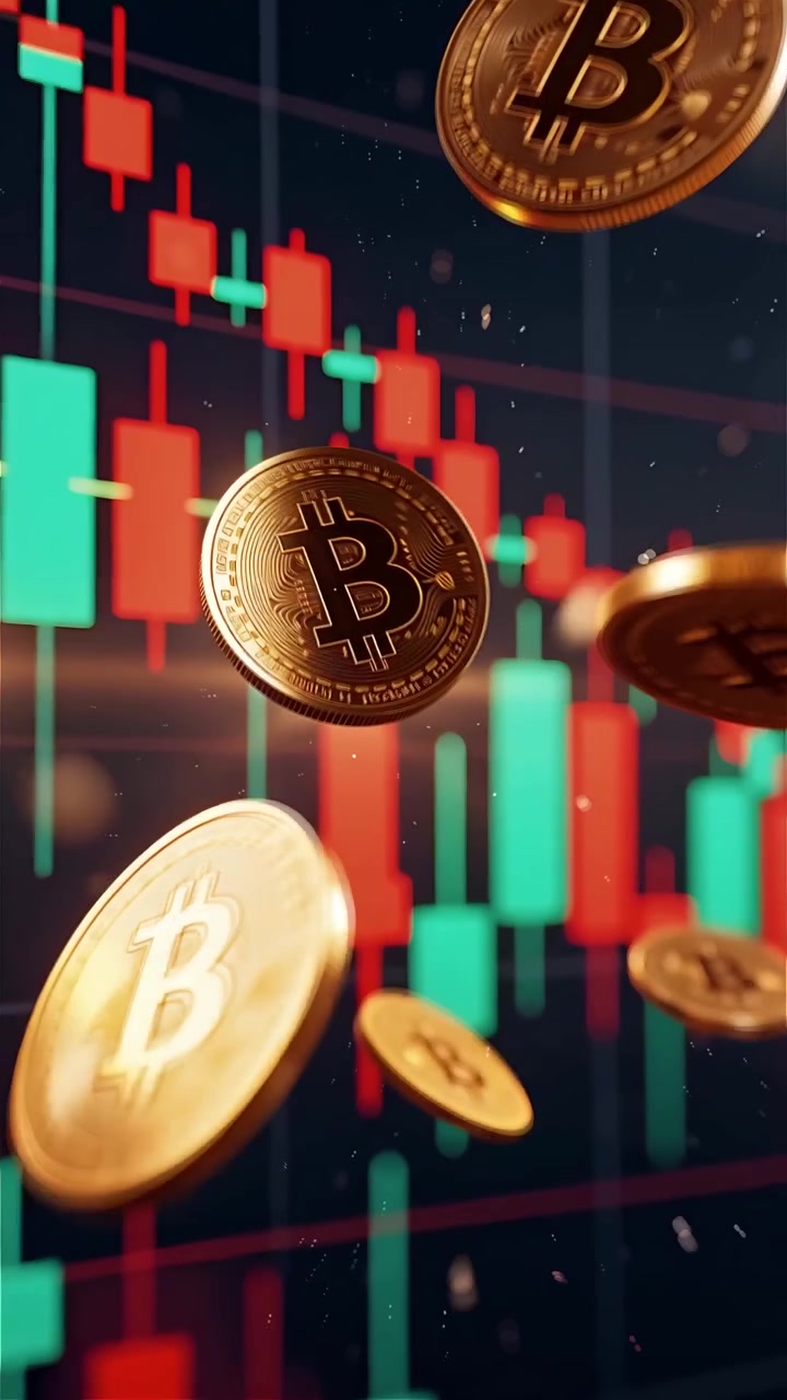 Moedas de Bitcoin douradas com fundo de gráfico de velas desfocado 4K