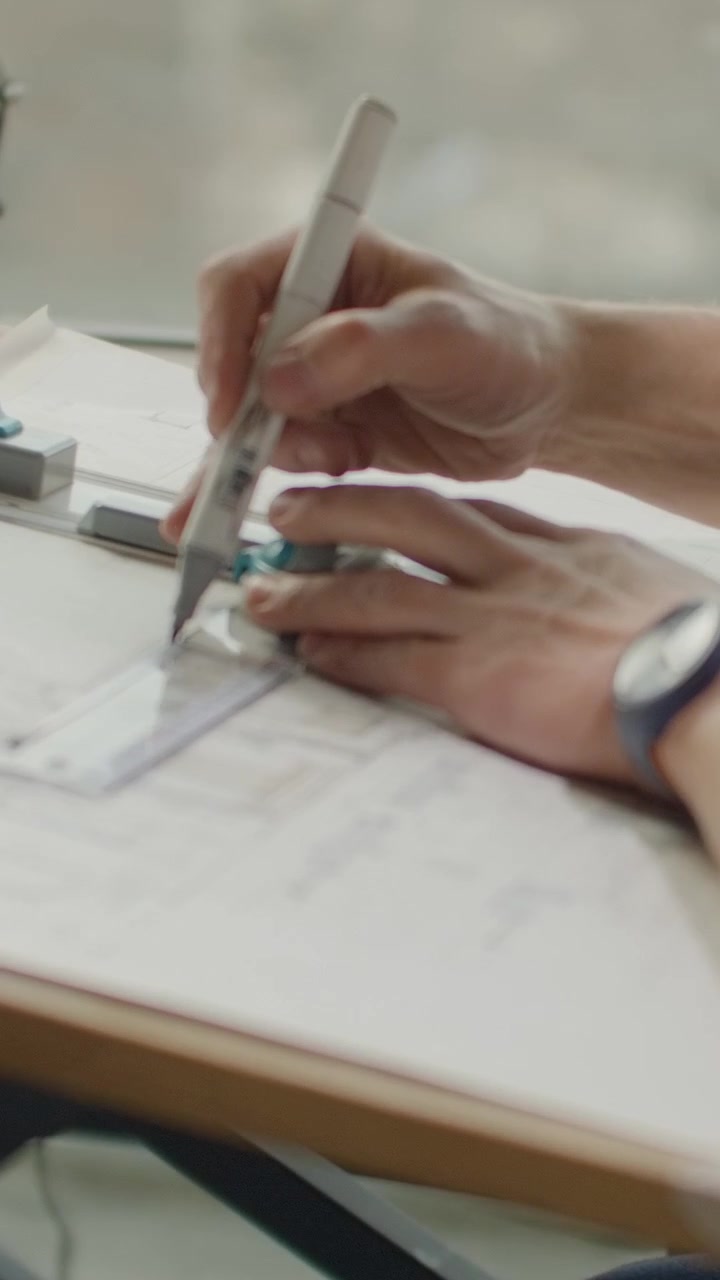 Architect Drawing Technical Blueprints on Drafting Table