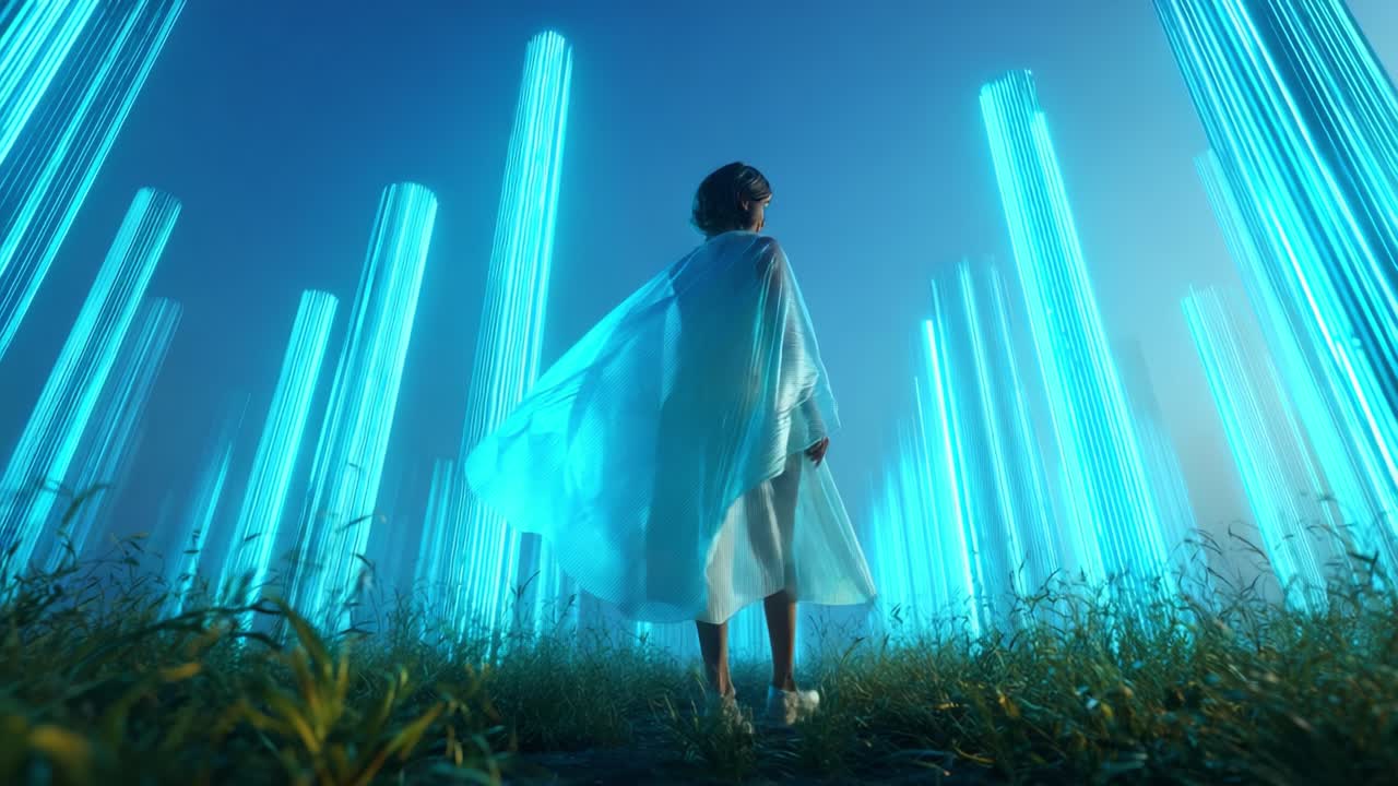 A woman in a cape stands in a field of neon lights