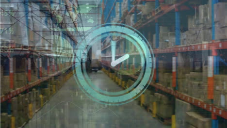 animation of blue clock and data processing over warehouse