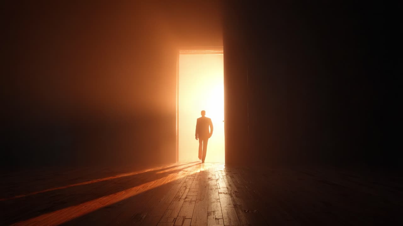 A solitary figure steps through an ethereal doorway, illuminated by radiant light, embodying the journey from uncertainty to enlightenment amidst a backdrop of soft shadows