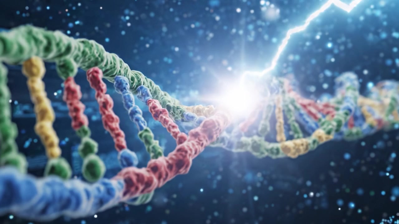 Una Magnifica Esplorazione della Struttura del DNA: Visualizzazione Mozzafiato del Materiale Genetico in un Universo Digitale con Colori Vivaci e Motivi Intricati