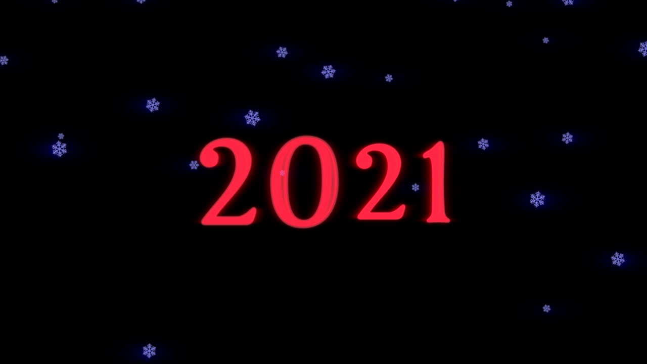 primer plano animado 2021 texto y copos de nieve azules voladores en el fondo de vacaciones 1