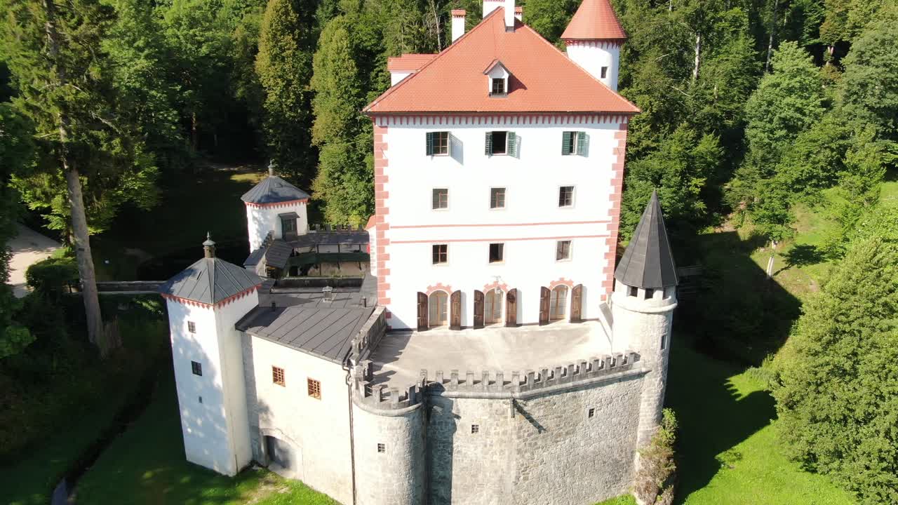 A drone shot over a Castle Snežnik in Slovenia