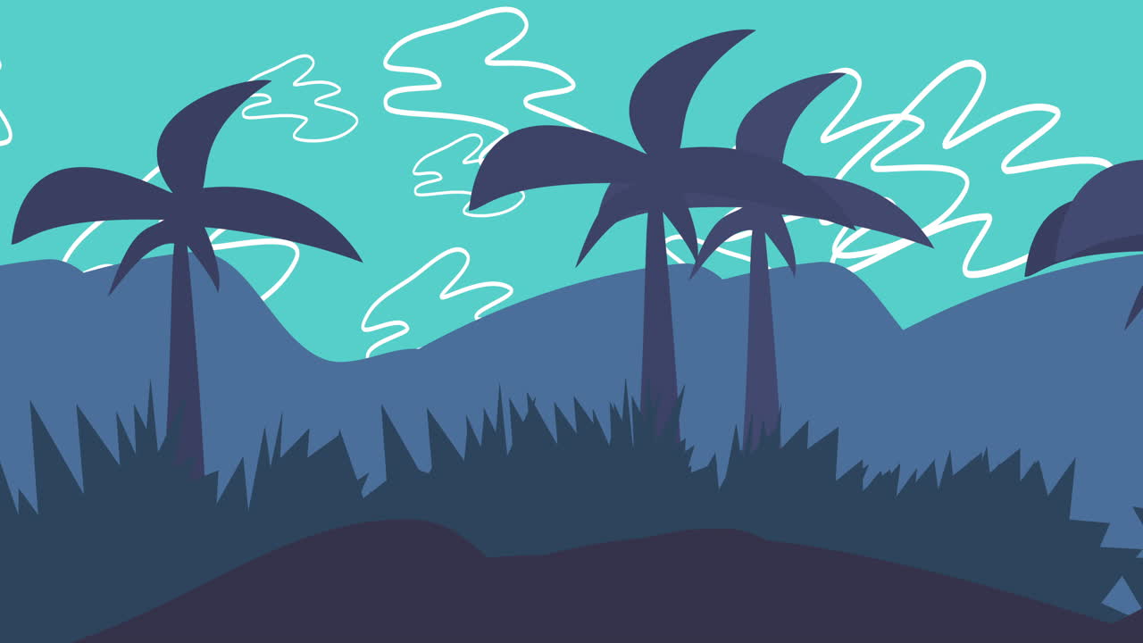 Cartoon animation background with palms in mountain