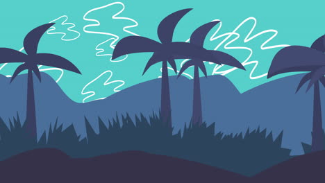 cartoon animation background with palms in mountain