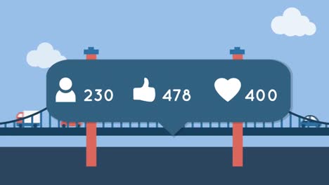 Animation-of-social-media-icons-with-rising-numbers,-over-traffic-crossing-bridge
