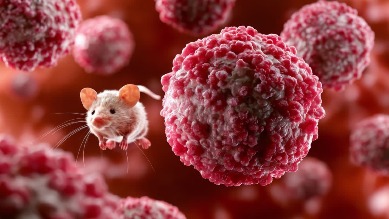 A close-up visualization of a mouse navigating through a dense field of red cells, showcasing intricate biological interactions and the fascinating world of cellular life