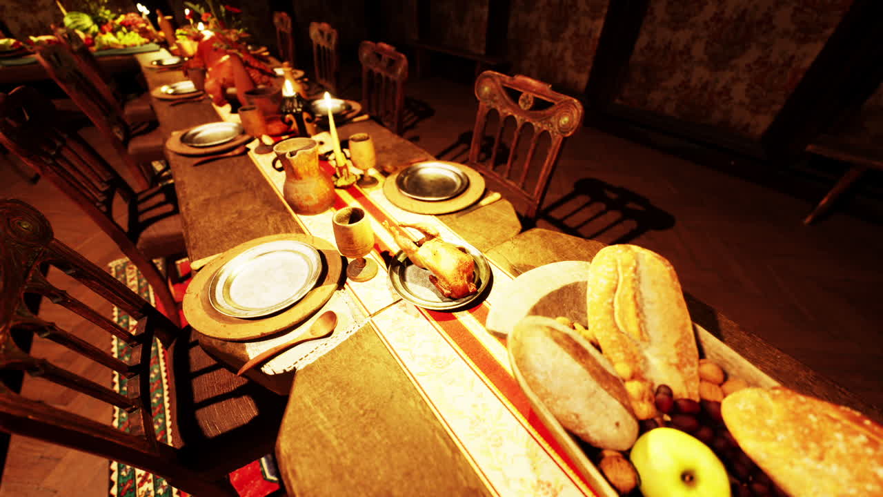A grand dining table filled with various foods and drinks in a rustic setting