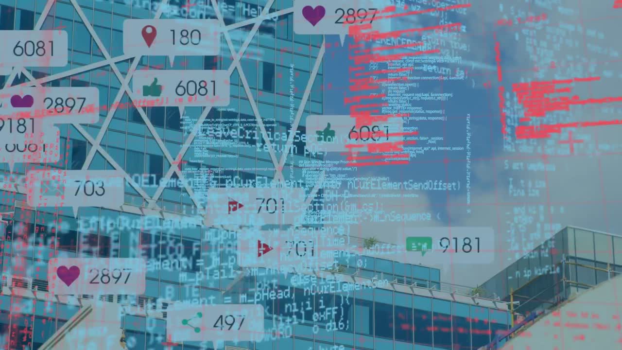 도시 풍경 위의 데이터 처리 및 미디어 아이콘의 애니메이션