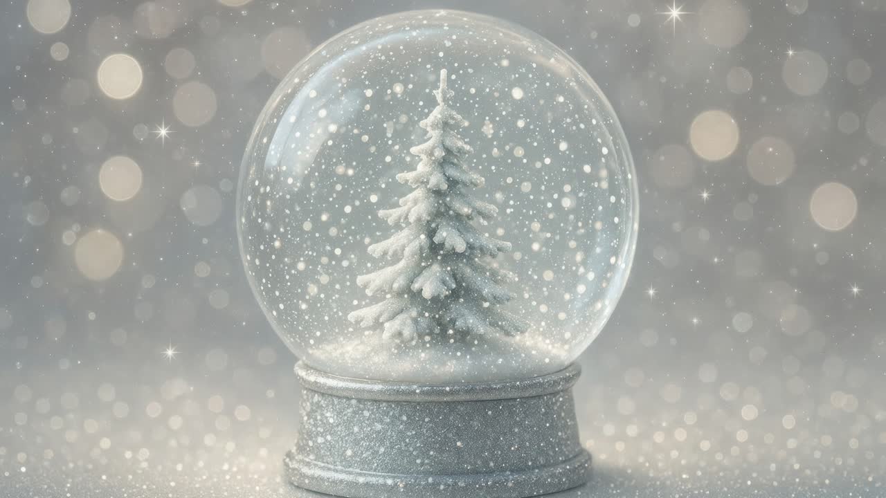 A magical snow globe with a tree, captured in a close-up angle, ideal for a festive video