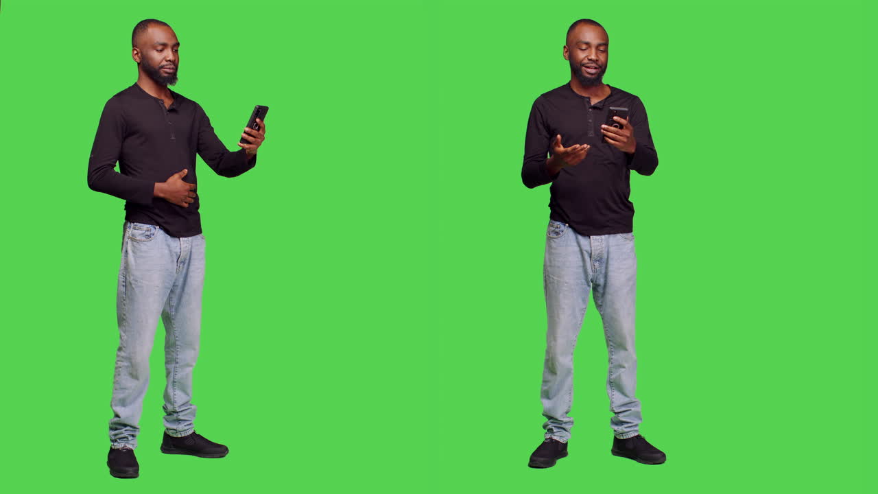 Homem usando smartphone em um plano de fundo verde