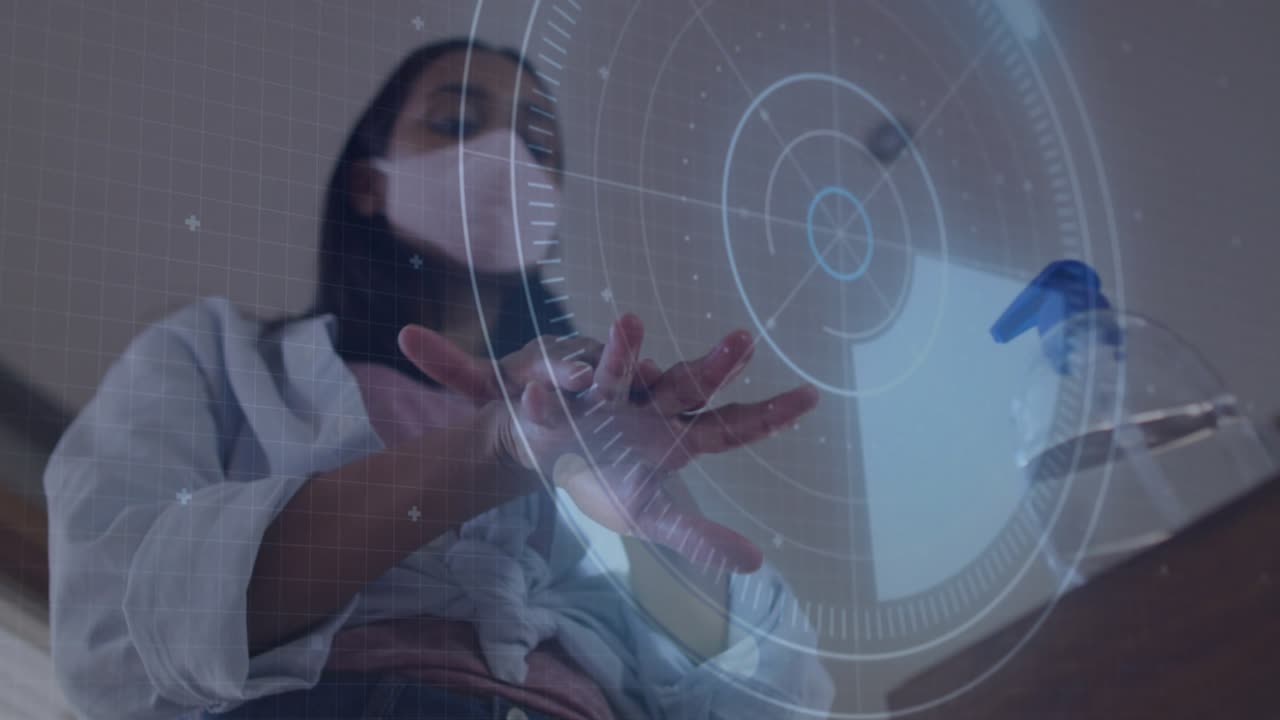 Woman reaching for sanitizer pump spreading gel for hand hygiene while health scan monitoring hands