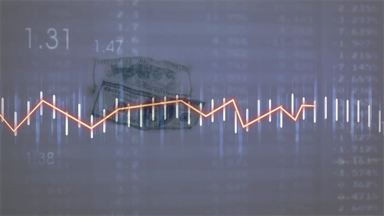 Flat band pulsing on orange line appearing, bill drifting and rotating, visualizing market data
