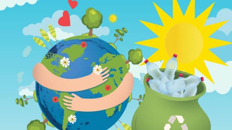 animation of bag with recycled plastic over planet earth with arms around and sun on blue background