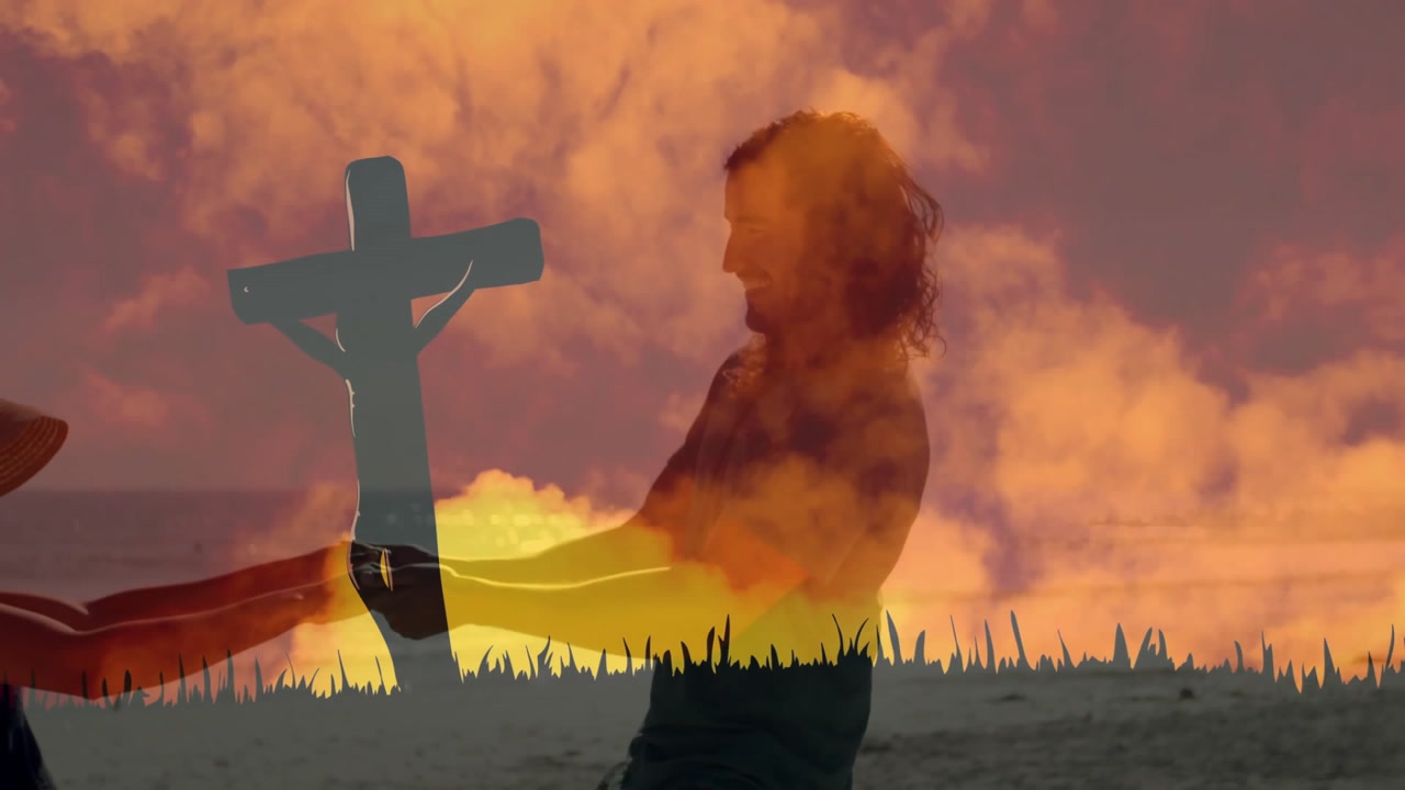 Religious couple dancing beach as cross rising, leaning spinning under orange sky