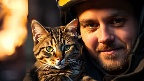 firefighter rescues cat from blaze at night in urban area