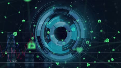 Animation-of-network-of-digital-icons-over-spinning-round-scanner-and-statistical-data-processing