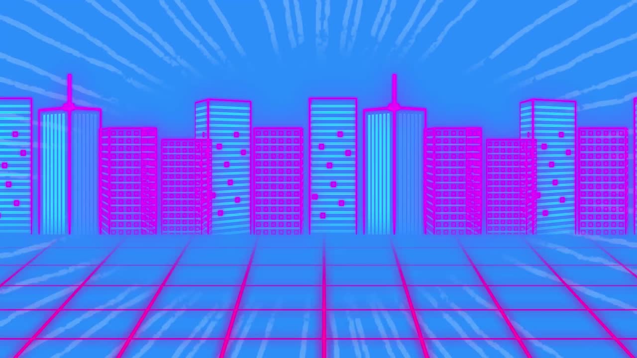 Animazione di paesaggio urbano ed elaborazione dati su sfondo blu