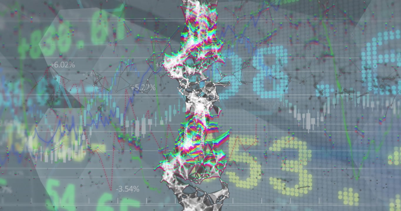 Animation de données financières sur une chaîne d'ADN sur fond gris